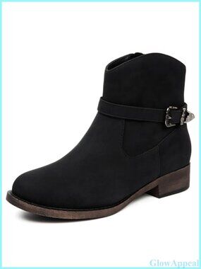 Faux Leather Western Ankle Boots Low Chunky Heel Side Zip Buckle Booties